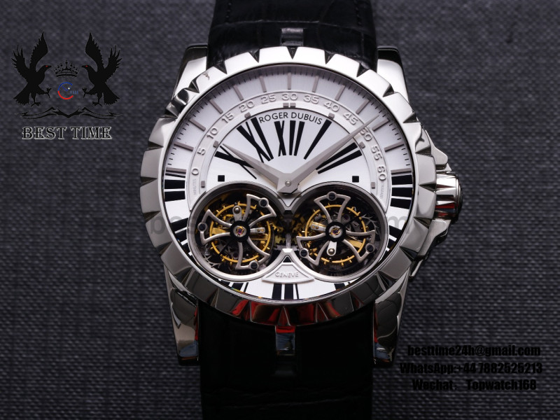 Roger Dubuis Excalibur RDDBEX0250 REAL Double Flying Tourbillon SS JBF White Dial on Black Croco Leather Strap