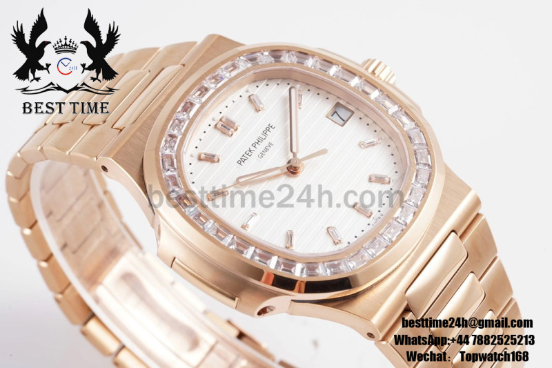 Patek Philippe Nautilus 5711 RG PPF 1:1 Best Edition White Dial Diamonds Bezel on SS Bracelet 324CS