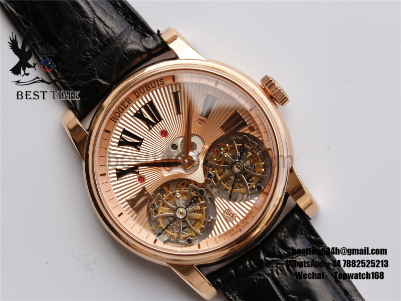 Roger Dubuis Hommage Double Flying Tourbillon RG JBF Gold Dial on Black Croco Leather Strap