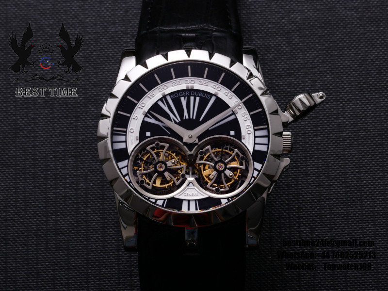 Roger Dubuis Excalibur RDDBEX0250 REAL Double Flying Tourbillon SS JBF White Dial on Black Croco Leather Strap