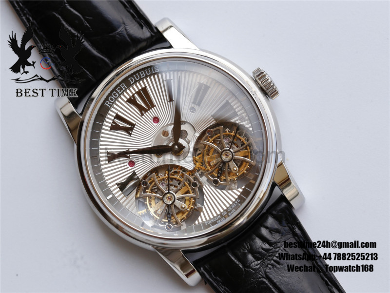Roger Dubuis Hommage Double Flying Tourbillon SS JBF White Dial on Black Croco Leather Strap