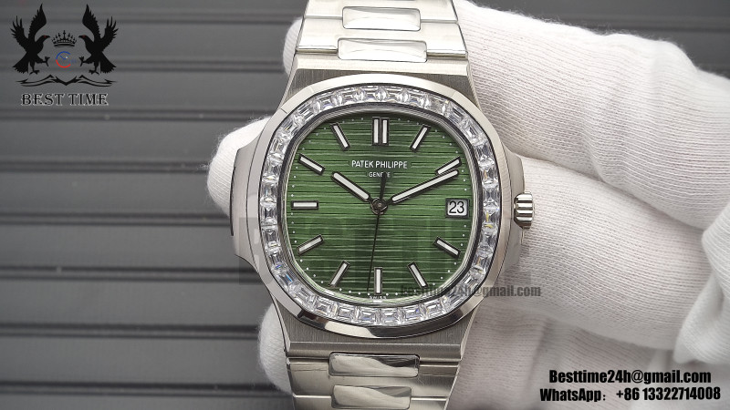 Patek Philippe Nautilus 5711/1A 3KF 1:1 Best Edition Diamonds Bezel Green Textured Dial on SS Bracelet A324 Super Clone V2