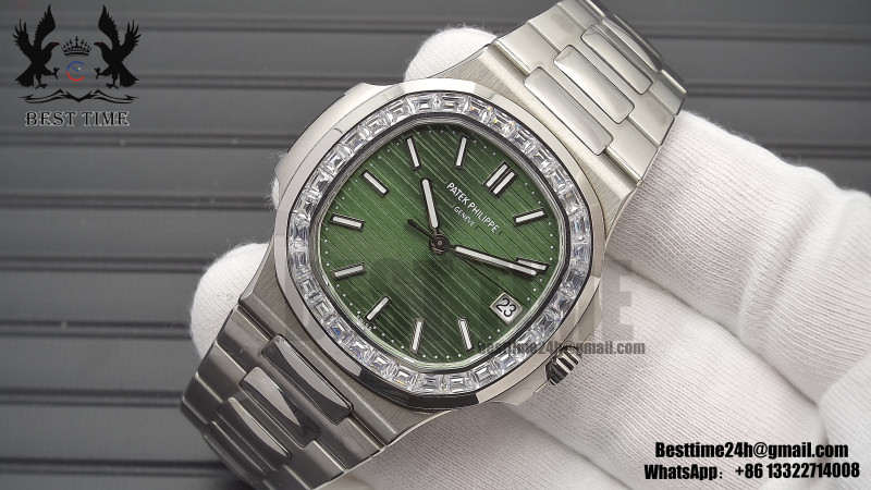 Patek Philippe Nautilus 5711/1A 3KF 1:1 Best Edition Diamonds Bezel Green Textured Dial on SS Bracelet A324 Super Clone V2
