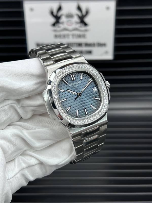Patek Philippe Nautilus 5711/1A 3KF 1:1 Best Edition Diamonds Bezel Blue Textured Dial on SS Bracelet A324 Super Clone V2
