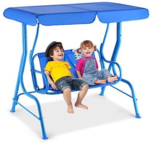 HONEY JOY Kids Patio Swing, 2-Seater Outdoor Porch Swing Lounge Chair  W/Canopy & Safety Belt, All Weather Resistant Waterproof Hanging Swing Bench  for Patio Garden Poolside Balcony(Blue Puppy)