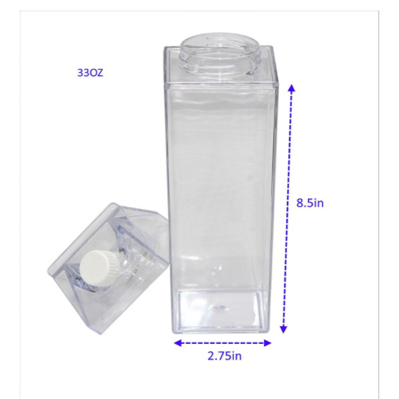 BPA Free 33oz Travel Size CLEAR Water Bottle Juice Bottle 1000mL Environmentally Reusable Free Bottle Brush! LARGE 33oz Milk Carton Shaped Water Bottle Clear Carton Water Bottle 