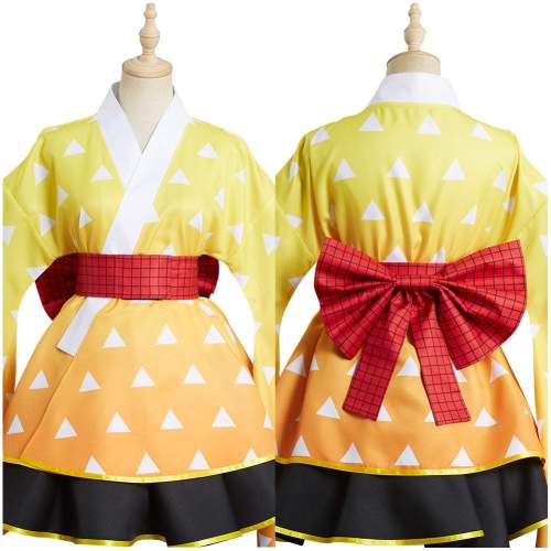 Demon Slayer Agatsuma Zenitsu Cosplay Costume Kimono Lolita Dress Outfits Halloween Carnival Suit