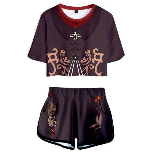 Genshin Impact  Hu Tao 3D Printed Crop Top T-shirt Shorts Two Pieces Set Cosplay Costume