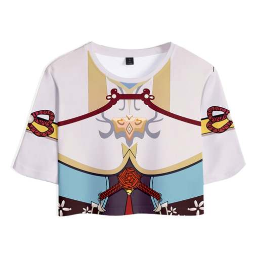 Genshin Impact Shen He 3D Printed Crop Top T-shirt Shorts Two Pieces Set Cosplay Costume