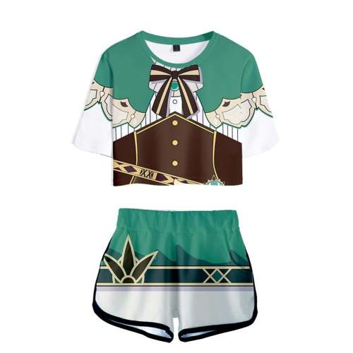 Game Genshin Impact Barbatos 3D Printed Crop Top T-shirt Shorts Two Pieces Set Cosplay Costume