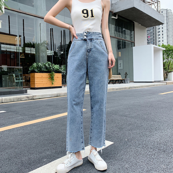 fashion ladies straight leg drawstring jean custom logo solid color denim jeans for women