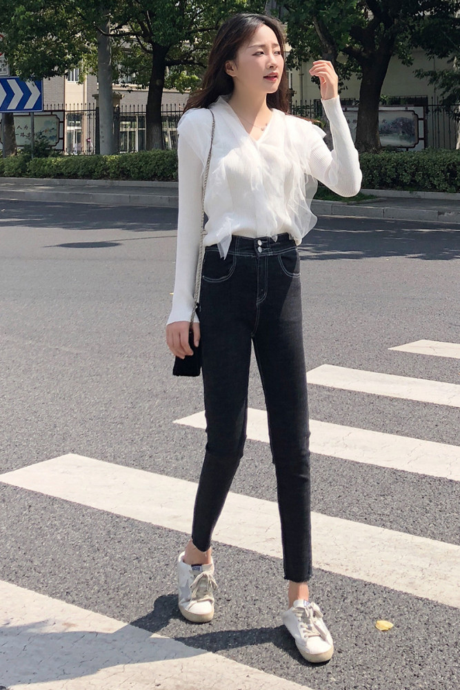 Custom fashion ladies straight leg drawstring jean custom logo solid color denim jeans for women