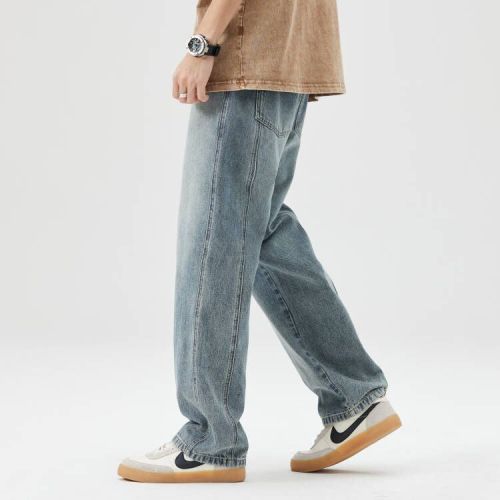 European and American men's old cloth patchwork hole casual pants loose ruffled jeans