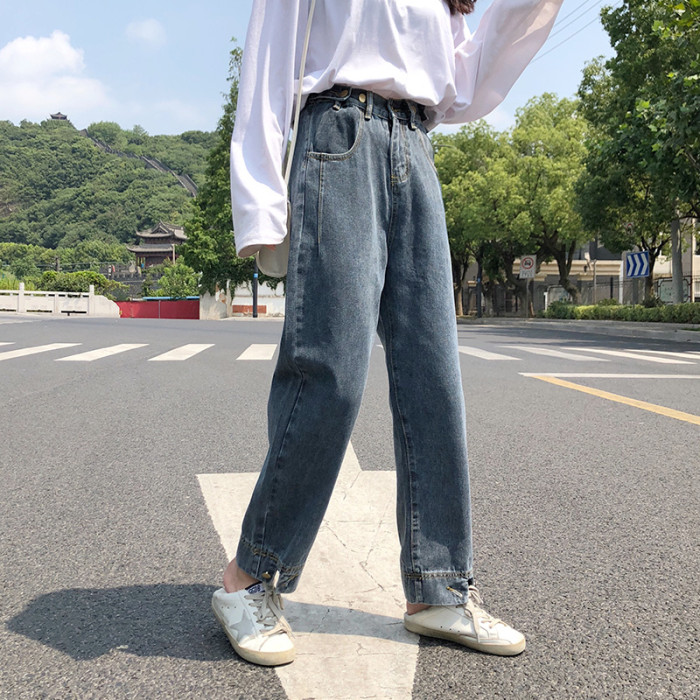 Custom fashion ladies straight leg drawstring jean custom logo solid color denim jeans for women