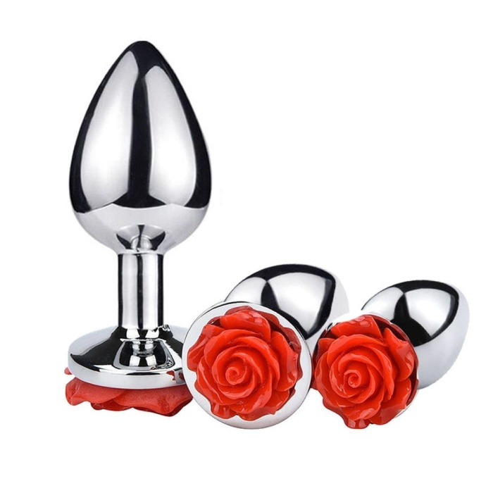 3pcs Stainless Steel Booty Sparks Red Rose Anal Plugs Kit