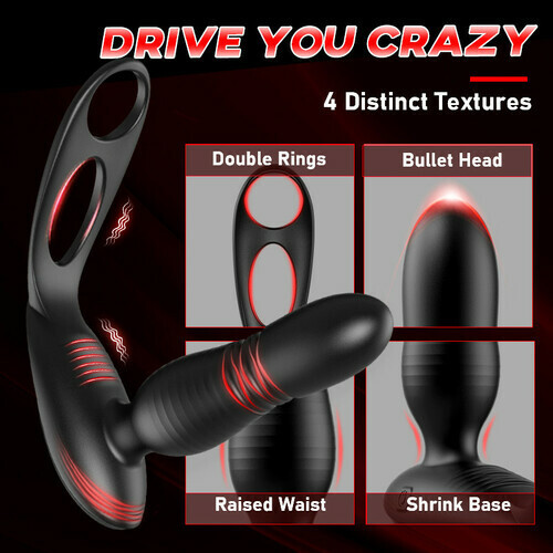 Low Noise 10 Thrusting & Vibrating Double Cock Rings Silicone Prostate Massager