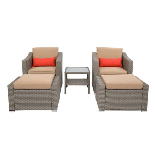 Wide Rattan Double Contiguous Rattan Five-Piece Suit 2 Single 2 Pedals 1 Double Coffee Table Gray