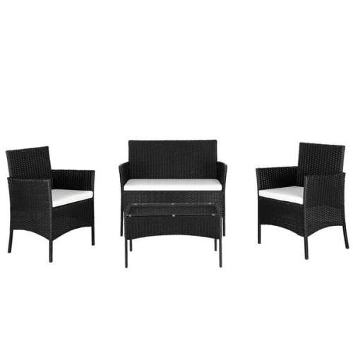 2pcs Arm Chairs 1pc Love Seat & Tempered Glass Coffee Table Rattan Sofa Set Black (Outdoors)