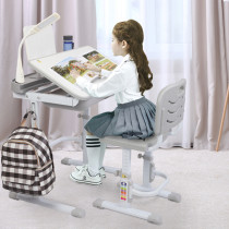 70CM Lifting table top can tilt children's study desk and chair gray (with reading frame and USB lamp)