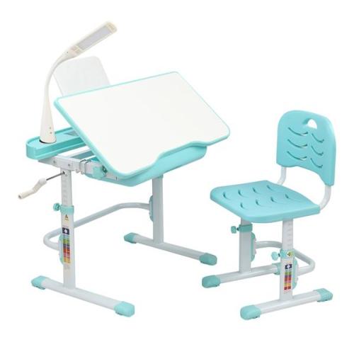 80CM Hand-cranked Lifting Top Can Tilt Children Learning Table And Chair Blue-Green (With Reading Stand   USB Interface Desk Lamp)