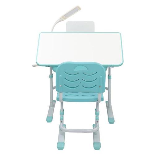 80CM Hand-cranked Lifting Top Can Tilt Children Learning Table And Chair Blue-Green (With Reading Stand   USB Interface Desk Lamp)