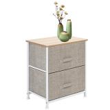 2 Drawers -Night Stand, End Table Storage Tower - Sturdy Steel Frame, Wood Top, Easy Pull Fabric Bins - Organizer Unit For Bedroom, Hallway, Entryway, Closets - Textured Print, Linen / Natural