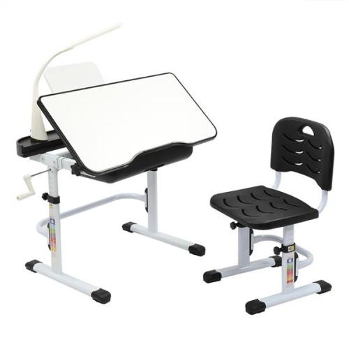 80CM Hand-cranked Lifting Top Can Tilt Children Learning Table And Chair Black (With Reading Stand   USB Interface Desk Lamp)