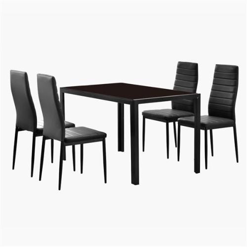 Simple Assembled Tempered Glass & Iron Dinner Table + 4pcs Elegant Assembled Stripping Texture High Backrest Dining Chairs Black