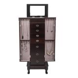 Standing Jewelry Armoire Cabinet Makeup Mirror and Top Divided Storage Organizer, Large Standing Jewelry Armoire Storage Chest with 7 Drawers, 2 Swing Doors,16 Necklace Hooks, Dark Brown   Beige Flann