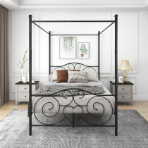 Metal Canopy Bed Frame with Vintage Style Headboard & Footboard / Easy DIY Assembly / All Parts Included, Black, Twin/Full/Queen Size