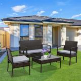4 PCS Outdoor Patio Rattan Wicker Furniture Set with Table Sofa Cushioned Light Grey