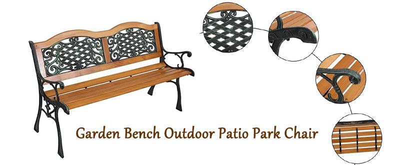 49 Garden Bench Outdoor Patio Park Chair Furniture Hardwood Slats Cast Iron Frame