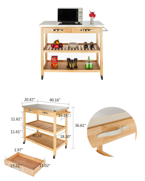FCH Moveable Kitchen Cart with Stainless Steel Table Top & Two Drawers & Two Shelves Burlywood