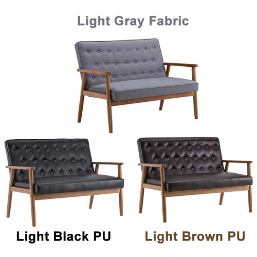 Retro Modern Wood Double Sofa Chair (Gray Fabric / Light Black PU / Light Brown PU)