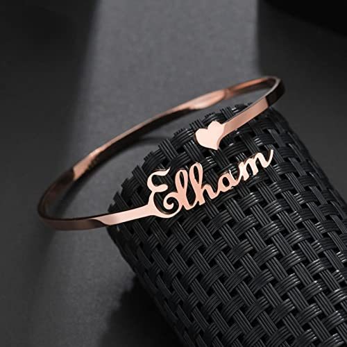 NC Customized Lady's Name Bangle Bracelet Adjustable Opening Initials Heart-Shaped Nameplate Bracelet-Women's Jewelry Gift