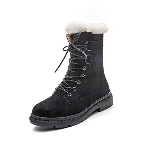 NC Ladies Velvet Snow Boots, New Winter Leather Boots Velvet Thick Wool Integrated Warm Cotton Shoes Mid-Column Martin Boots and Ankle Boots