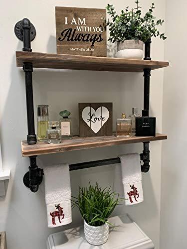 Industrial Pipe Shelf Bathroom Shelves Wall Mounted,19.6in Rustic Wood Shelf with Towel Bar,2 Tier Farmhouse Towel Rack Over Toilet,Pipe Shelving Floating Shelves Towel Holder,Retro Grey
