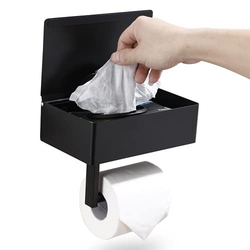 Day Moon Designs Matte Black Toilet Paper Holder with Shelf, Flushable Wipes Dispenser, and Storage for Bathroom - Keep Your Wipes Hidden Out of Sight - Stainless Steel Wall Mount - Large