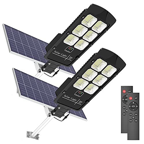 2 Pack 400W Solar Street Flood Light Outdoor Motion Sensor Dusk to Dawn Solar Fixture with Remote Control IP66 Waterproof Led Pole Lights for Parking Lot Stadium Garden Pathway