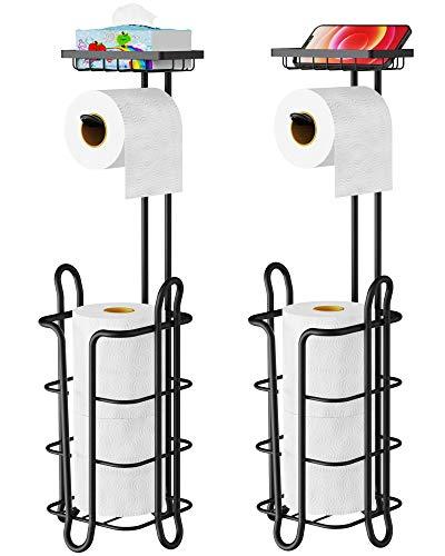 Toilet Paper Holder Stand, F-color 2 Packs Toilet Paper Roll Holder Stand with Shelf, Free Standing Toilet Paper Holder Black with 4 Raised Feet for Bathroom Storage