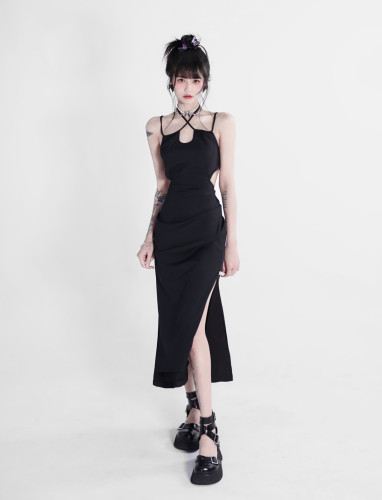 black sexy dress, pure desire open back suspender maxi dress, casual dress