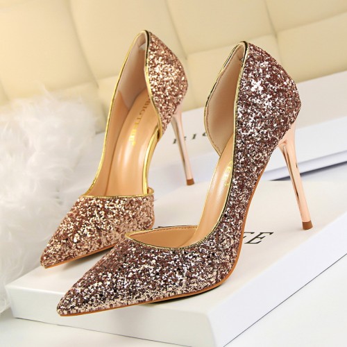 European and American style sexy and thin women's shoes stiletto high heels shallow mouth pointed side hollow sequined shoes