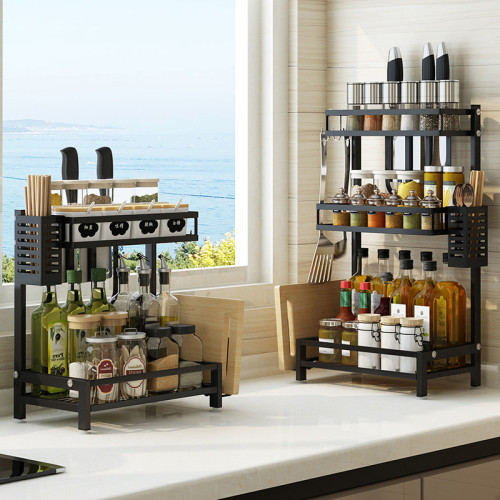 Kitchen rack, black stainless steel knife holder, multi-functional kitchen supplies seasoning oil, salt, sauce and vinegar storage shelf