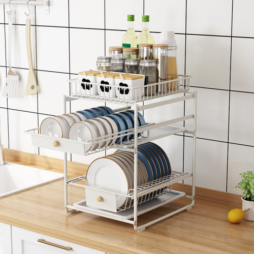 Countertop kitchen pull-out dish storage rack removable carbon steel double-layer seasoning bottle under sink shelf