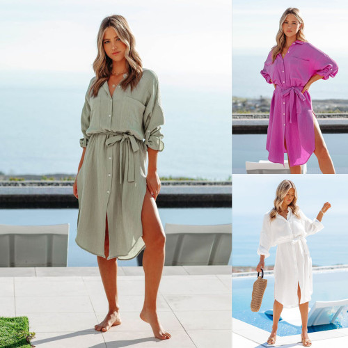 Women's Solid Color Long Sleeves, Casual Shirts, Loose One Piece, Bottoming Versatile Dresses
