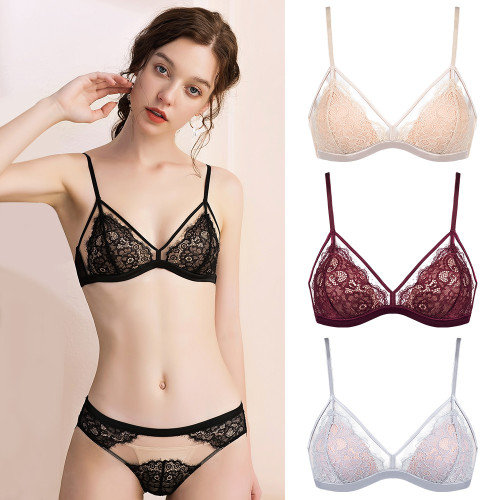 Gathering French Triangle Cup Underwear, Strap Bra Set Sexy and Cute French Underwear Set, Feminine Lace Thin Section Small Breasts Gathering and Receiving Foreign Trade Bra Bras