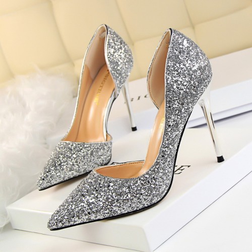 European and American style sexy and thin women's shoes stiletto high heels shallow mouth pointed side hollow sequined shoes