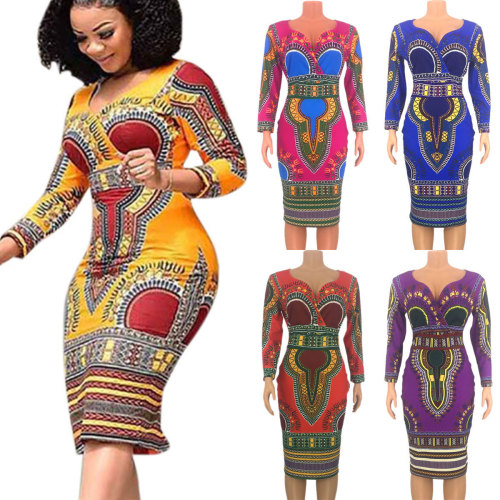 Women's V-neck 3/4 Sleeve Print Slim Fit Hip Dress, Plus Size Fashion Dress, Ethnic Dress, Sexy Pajama Dress