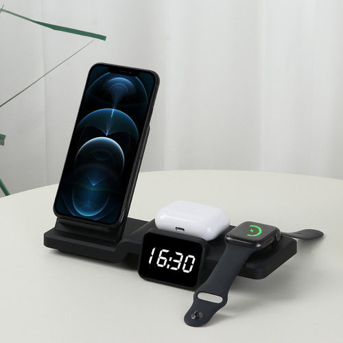 Four-in-one wireless fast charging vertical stand with clock function for Apple headset mobile phone watch