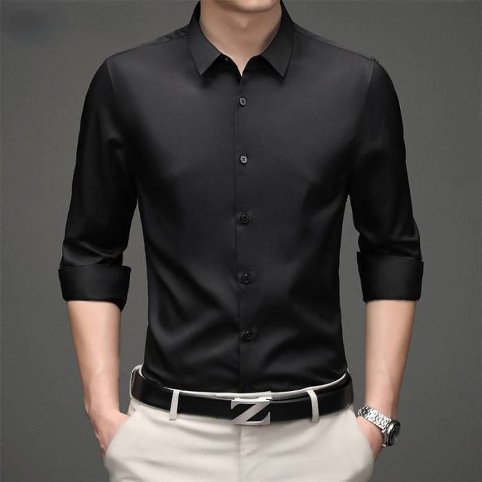 Solid Color Shirts Non-iron Stretch Breathable Business Casual Wear, Slim Fit Professional Wear White Shirts, Casual Formal Wear